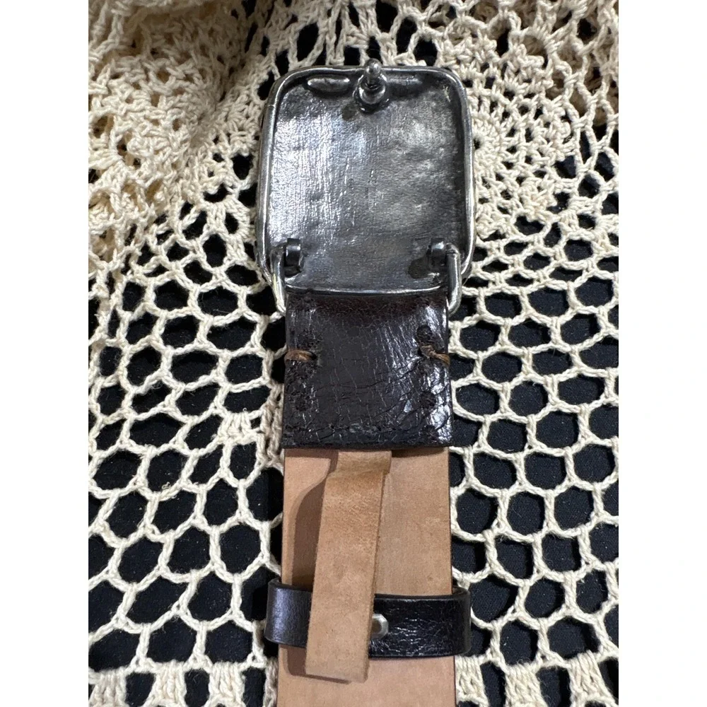 Post & Co Italy Dark Brown Leather Whipstitch Belt Silver Textured Buckle 32‎